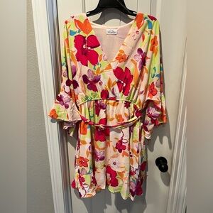 Emily Wonder sz large Floral Wrap Dress with Vibrant pink, orange, yellow, green